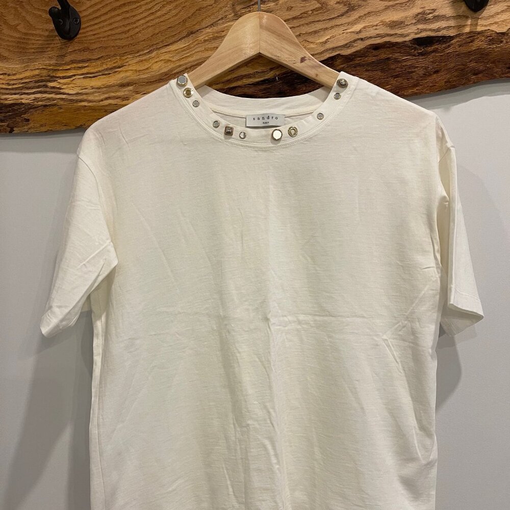 Sandro Paris Designer Oversized White Shirt with Gold and Silver Jewelled Detail